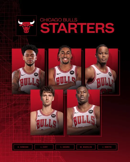 崭新！公牛首发：西蒙斯、艾维、奥科罗、布泽利斯、史密斯